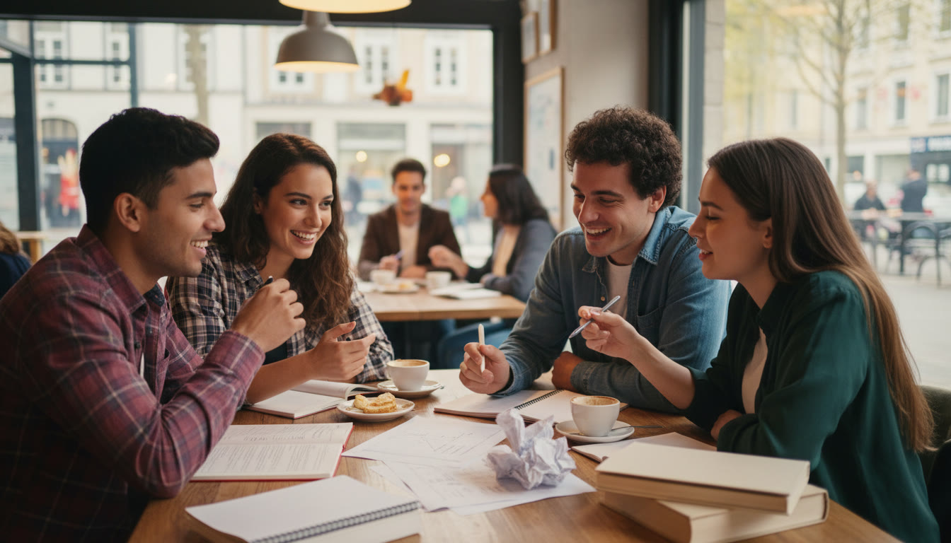 Photo Idea : Group revision scene with friends discussing a past-paper question at a cafe table