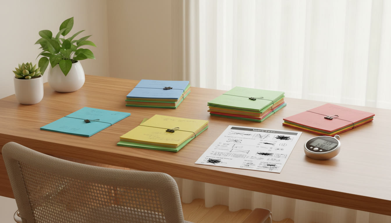 Photo Idea : A neat study desk showing color-coded notes titled Physics, Chemistry, Biology, and a printed mock test with a stopwatch nearby