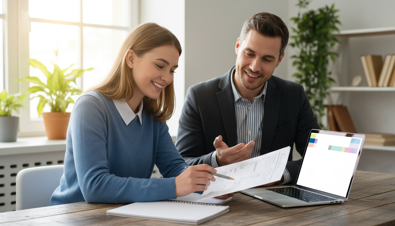 Photo Idea : Student and counsellor reviewing a checklist at a wooden desk with laptop and notebook
