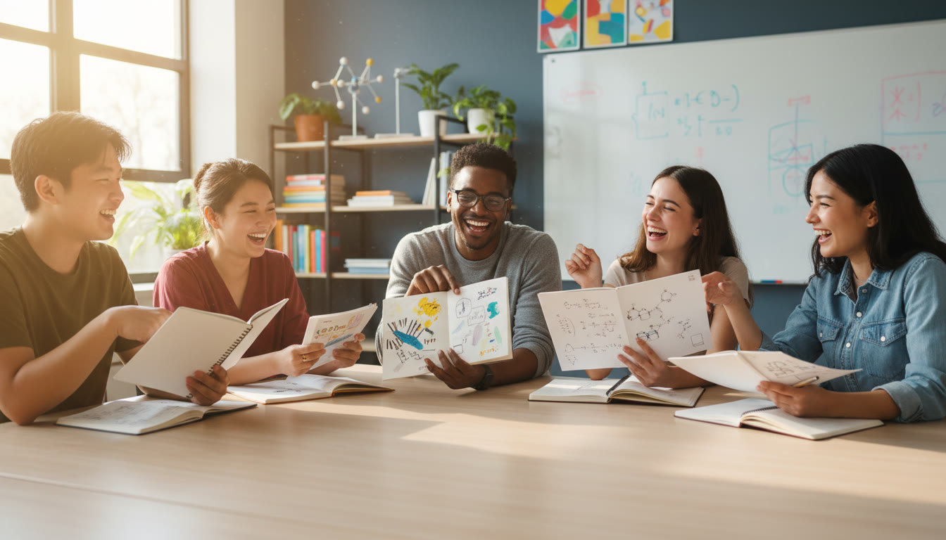Photo Idea : Diverse IB students comparing sketchbooks and lab notebooks in a bright classroom