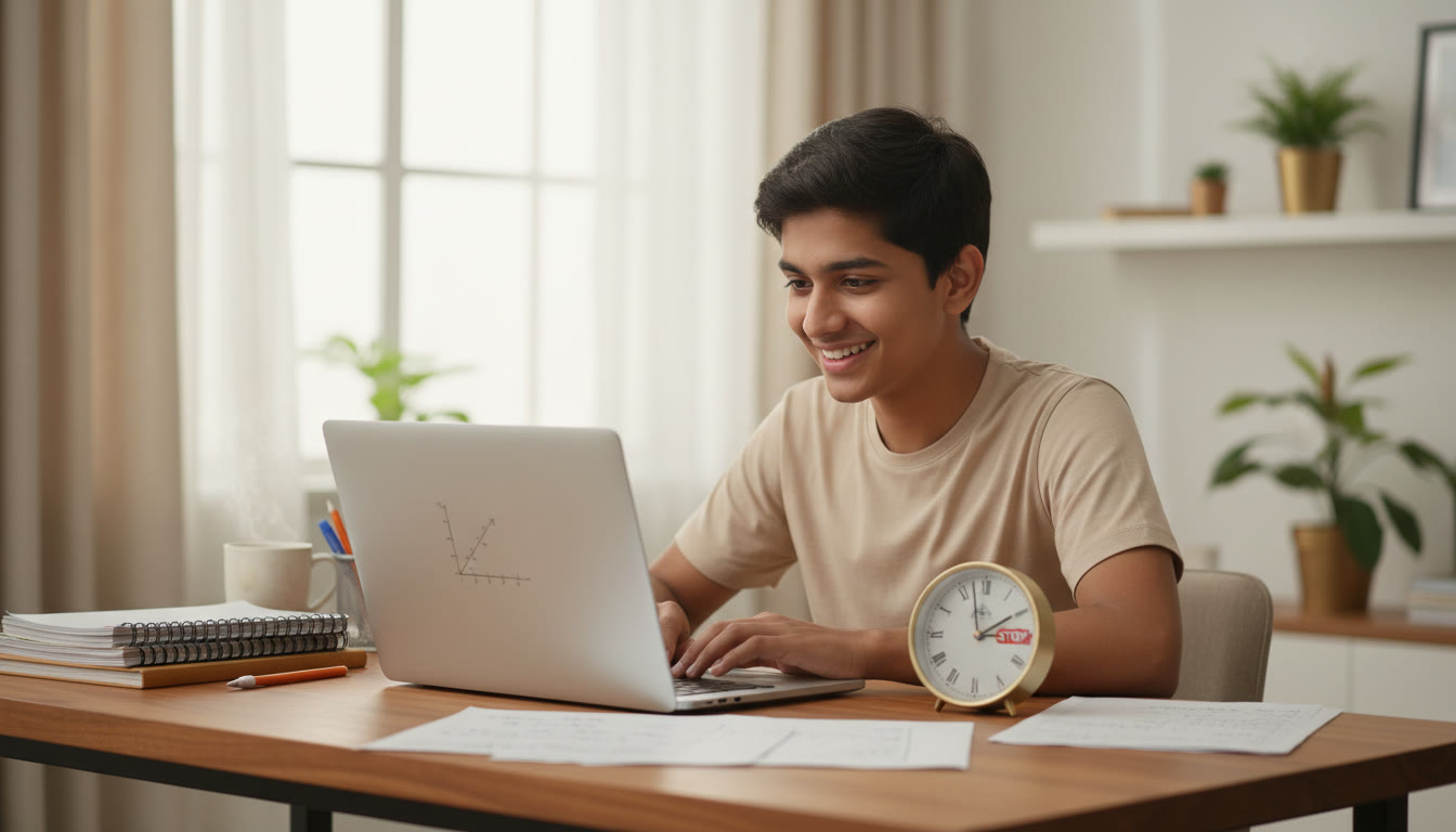 Photo Idea : Student at a desk taking a timed mock test on a laptop with study notes and a clock visible