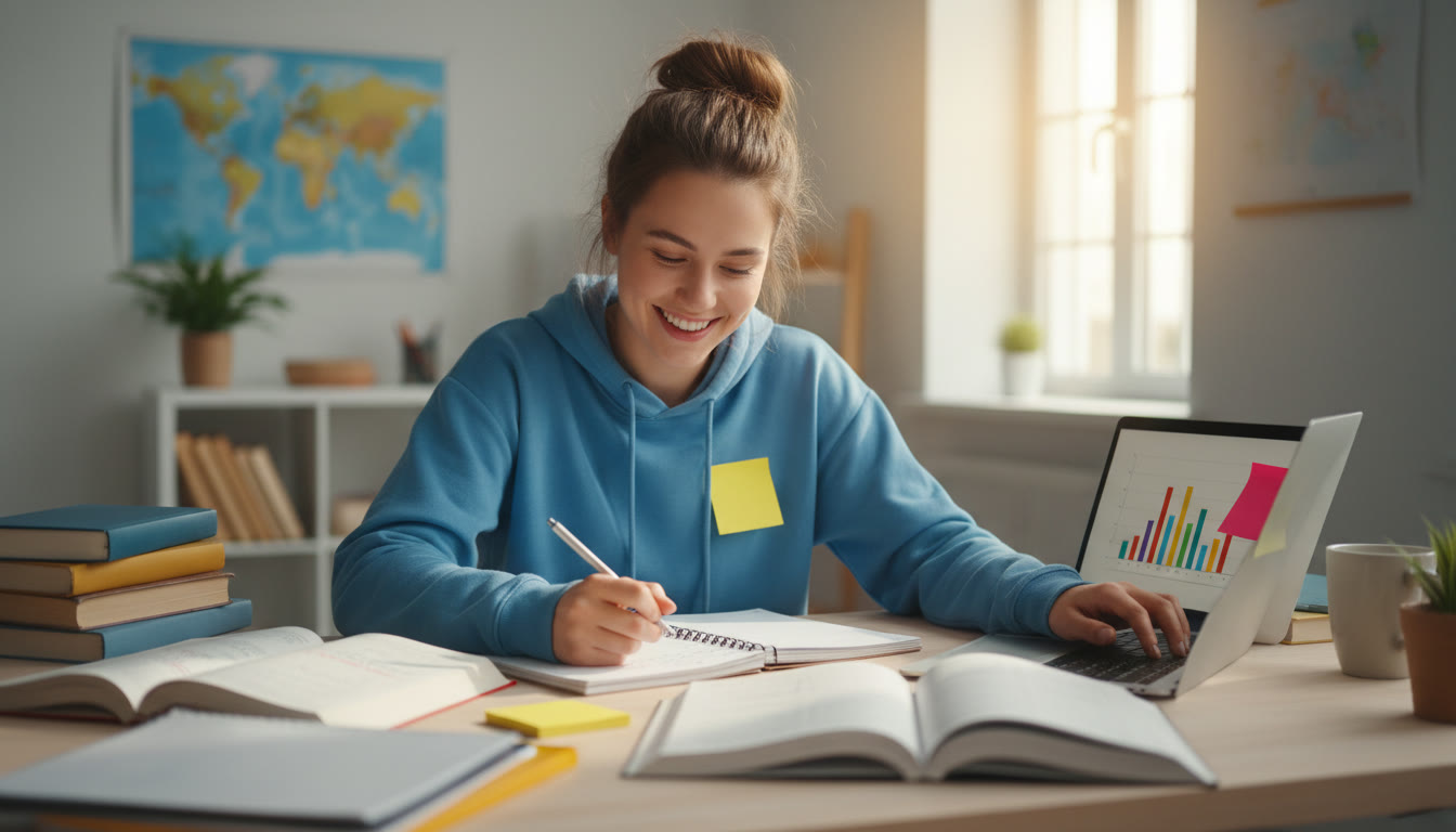 Photo Idea : A focused student at a desk with open notebooks and sticky notes labeled 