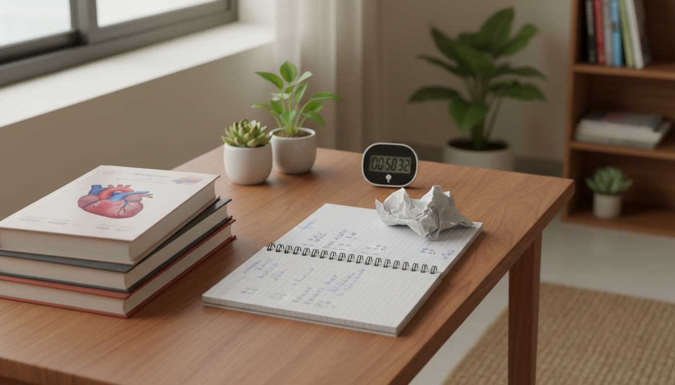 Photo Idea : Student at a tidy desk with ISC textbooks on one side and NEET notes, a timer, and a question paper on the other