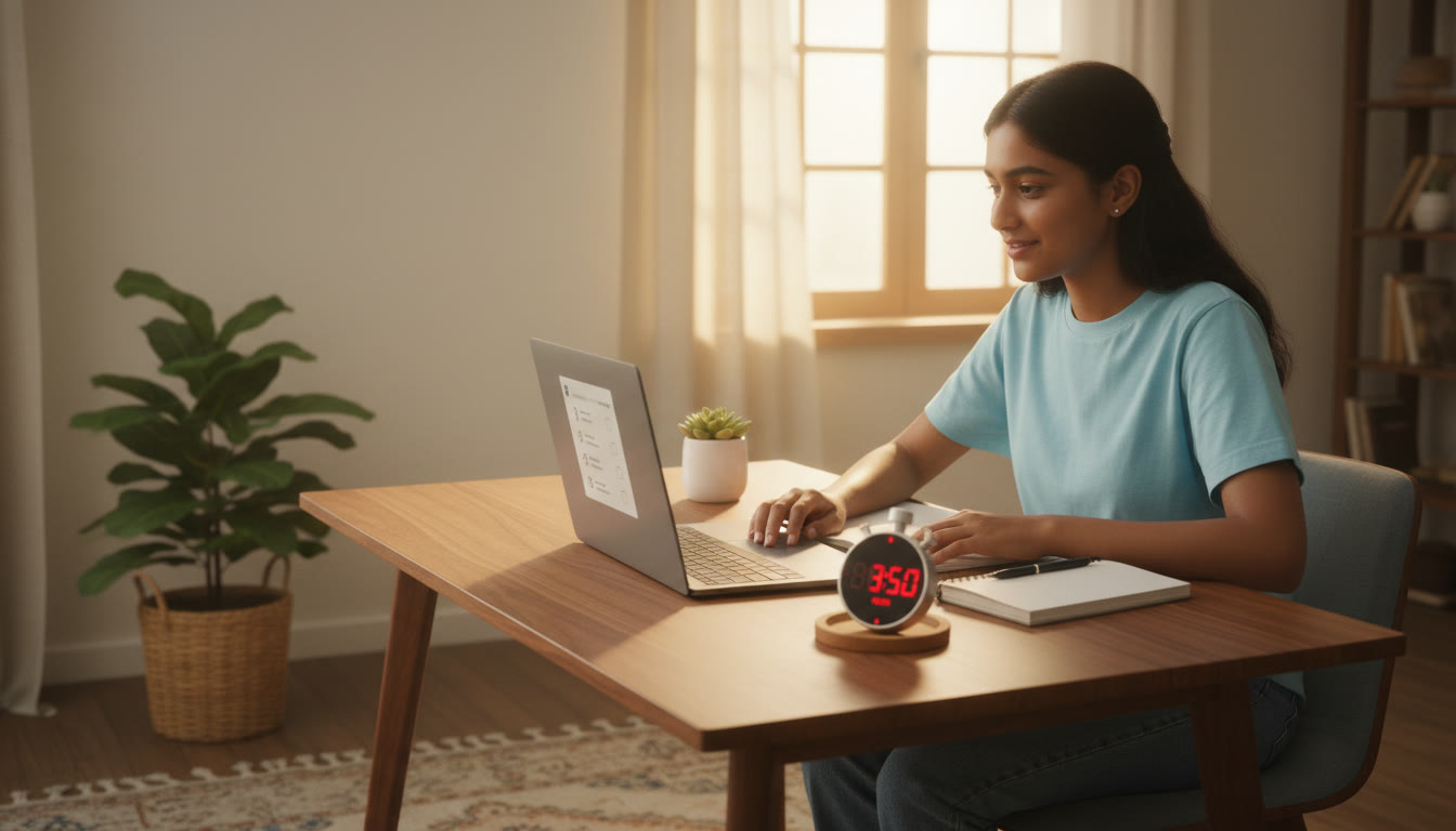 Photo Idea : a mock-test setup with a laptop, stopwatch, and a focused student taking a timed test