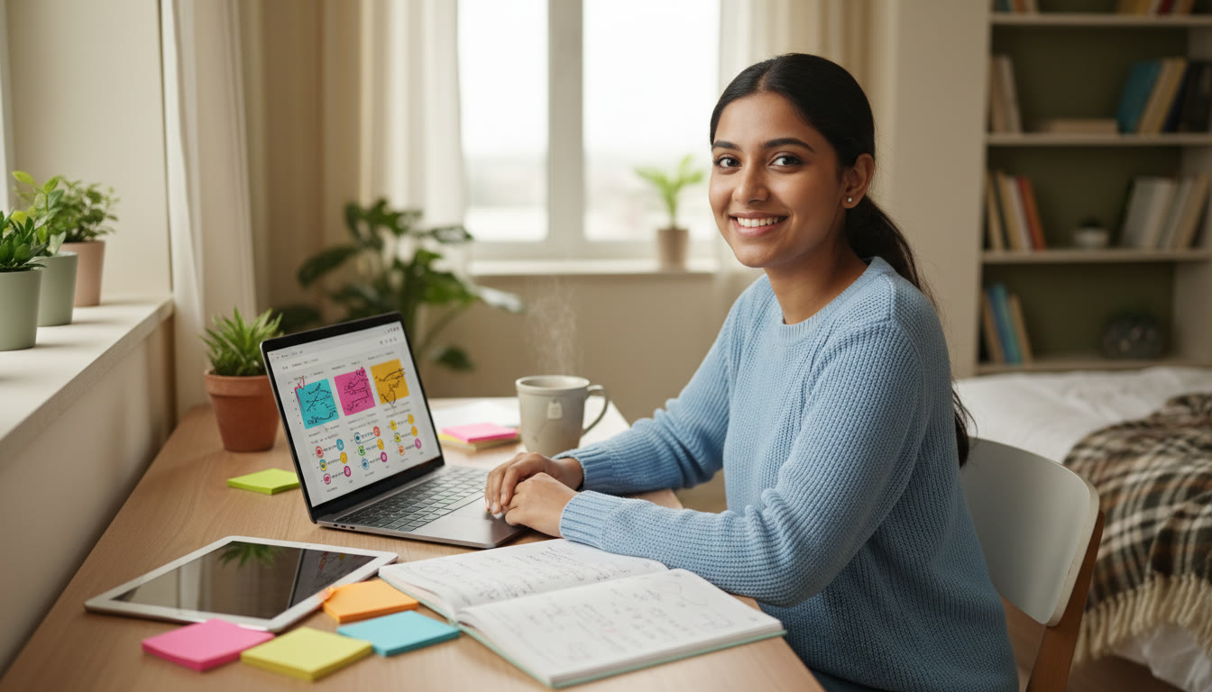 Photo Idea : Student at a tidy study desk with notes, a laptop showing a mock test screen, and a cup of tea