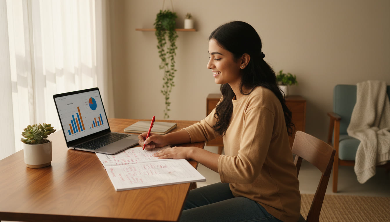Photo Idea : A student reviewing a scored mock test with a red pen and a laptop showing analysis charts