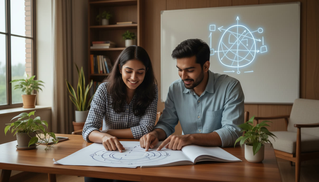Photo Idea : A student and tutor leaning over a notebook, pointing at a clear diagram on a whiteboard