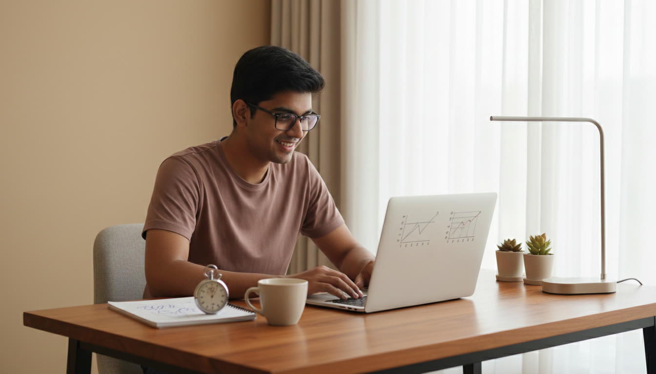 Photo Idea : Focused student taking a timed mock test on a laptop with a notepad and stopwatch nearby