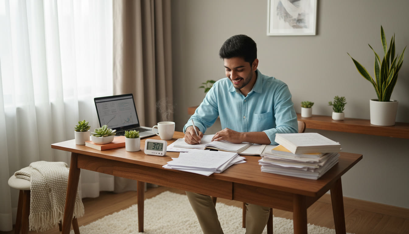Photo Idea : Focused student at study desk with textbook, solved papers, and a timer