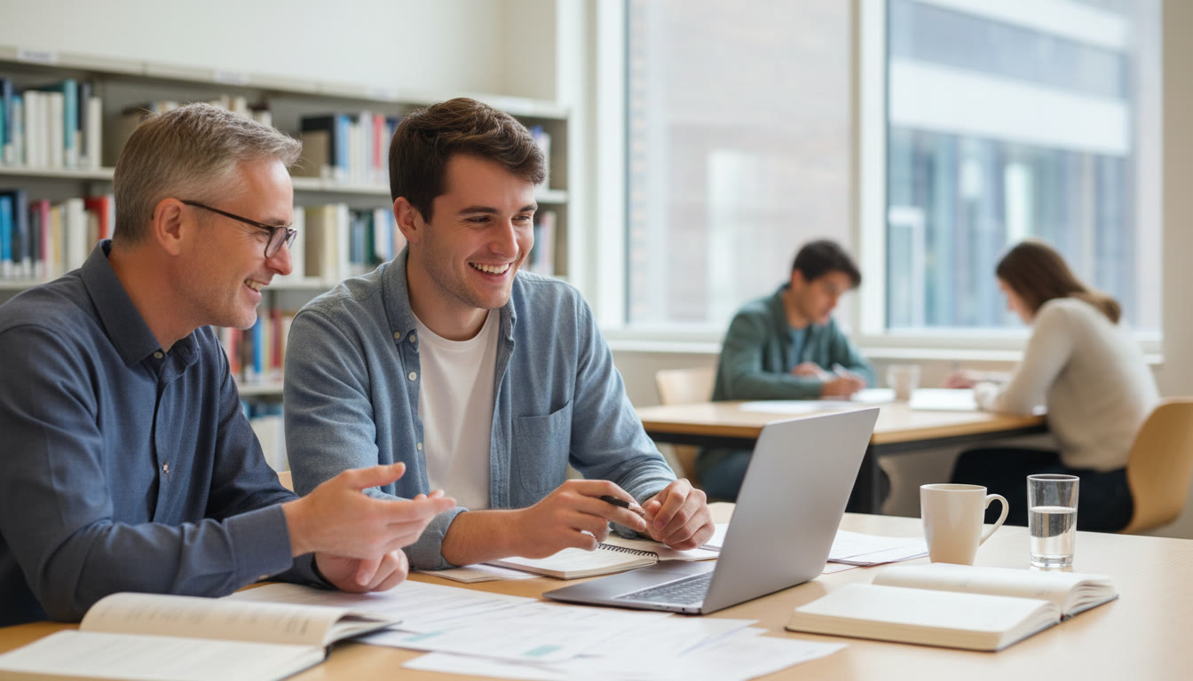 Photo Idea : A student discussing an Extended Essay draft with a supervisor over a laptop and papers