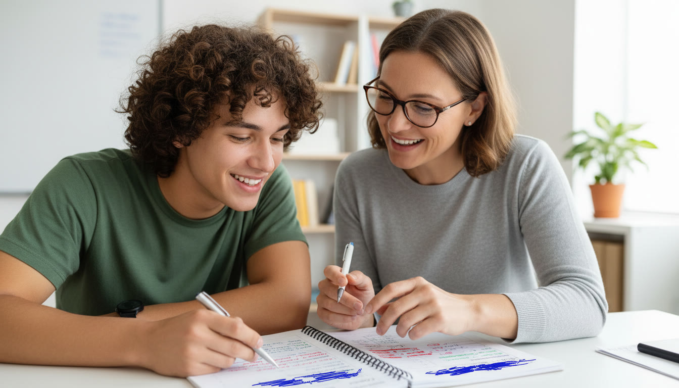 Photo Idea : Close-up of a student and teacher reviewing a notebook with graded mock exams