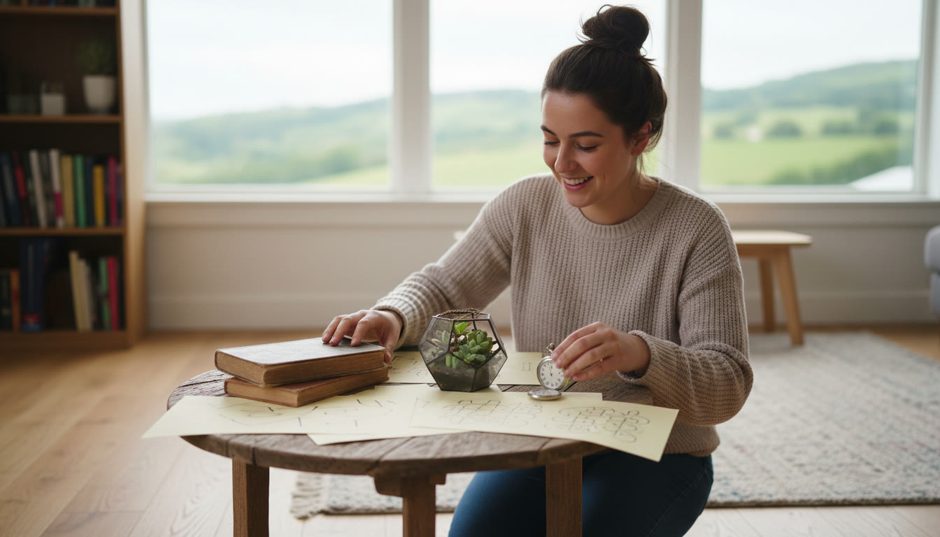 Photo Idea : Student arranging a small table with three everyday objects and handwritten TOK notes