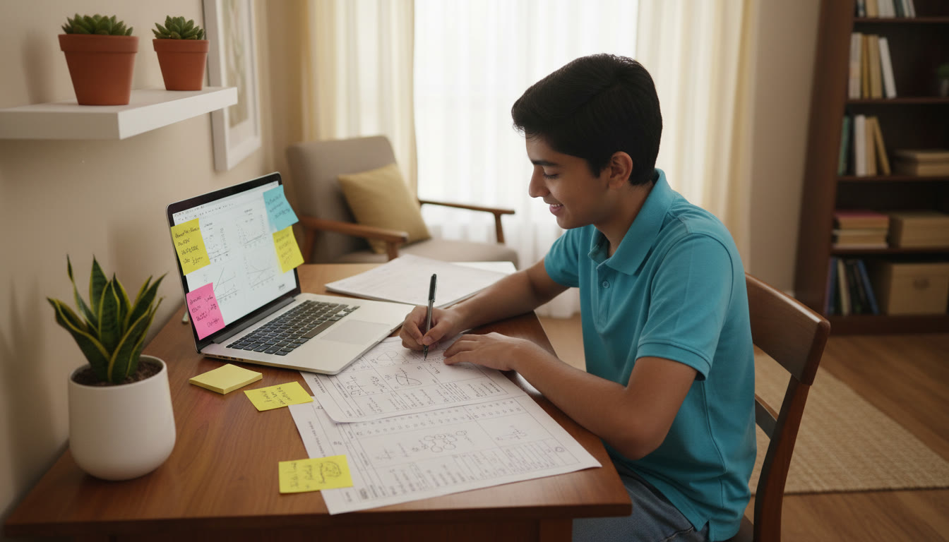 Photo Idea : Student at a study desk analyzing a printed mock test paper with a laptop and colored sticky notes