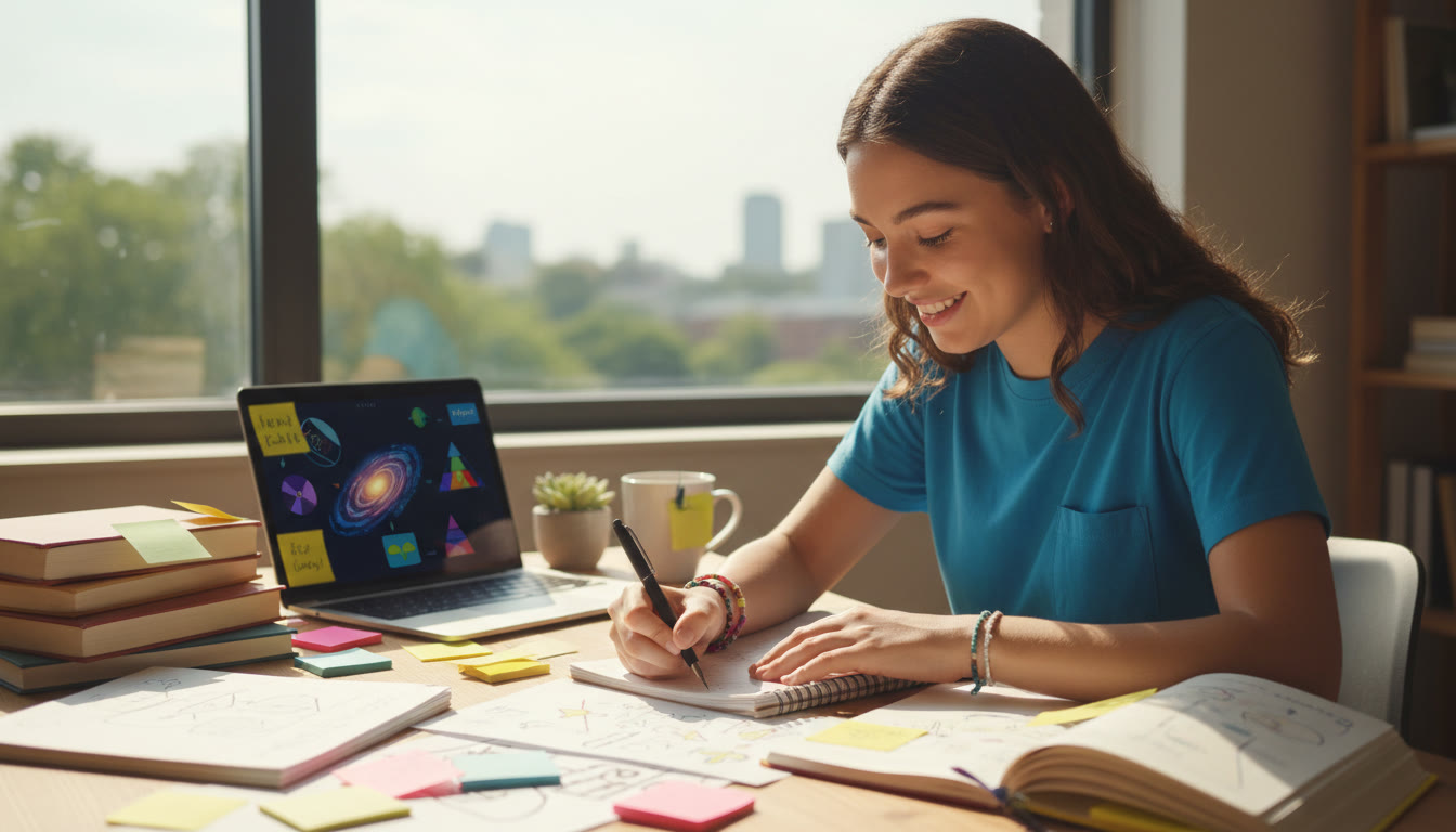 Photo Idea : Student at desk writing a personal statement, surrounded by TOK notes and sticky tabs