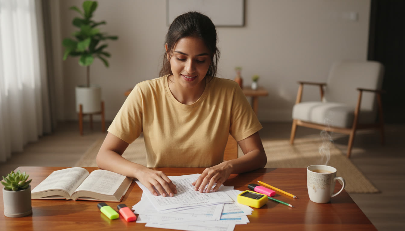 Photo Idea : Student solving mock test papers at a table with a stopwatch, OMR sheet and highlighters nearby