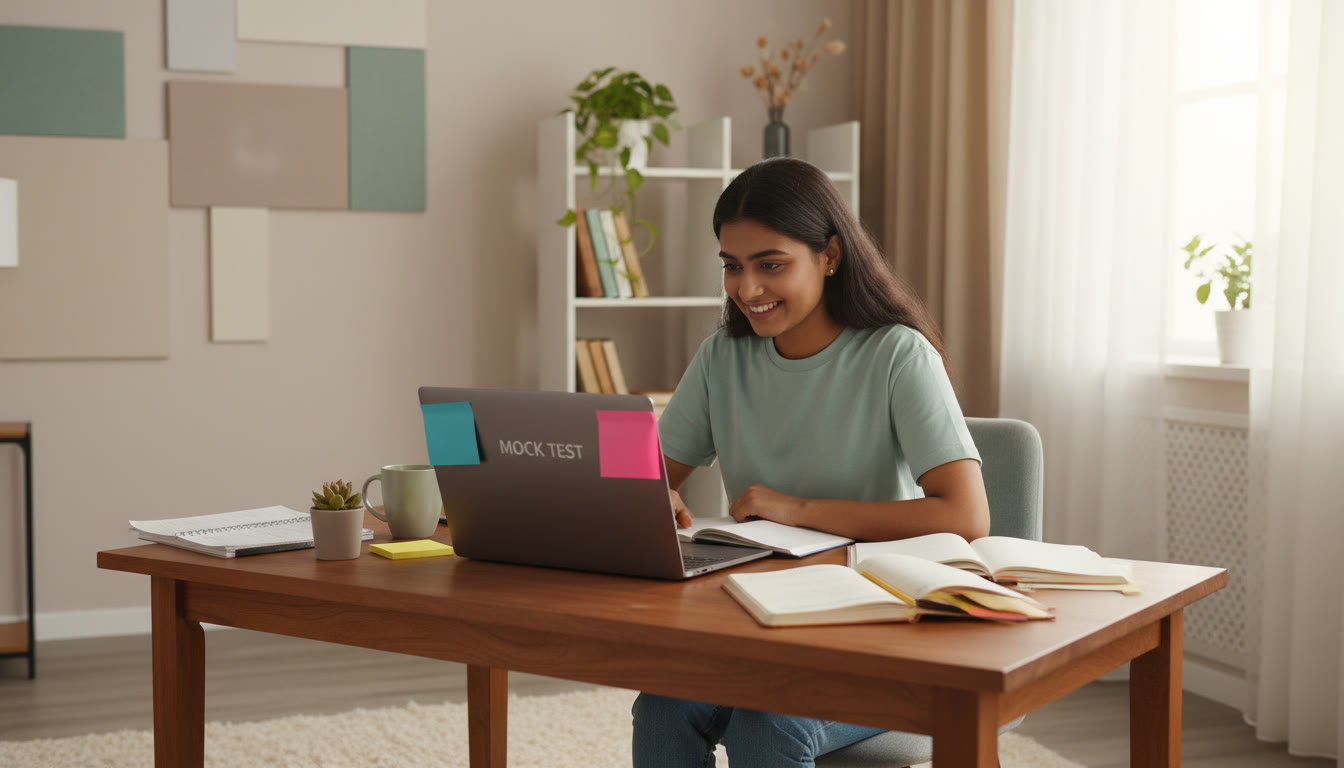 Photo Idea : Focused student reviewing a mock test on a laptop with notebooks and sticky notes around