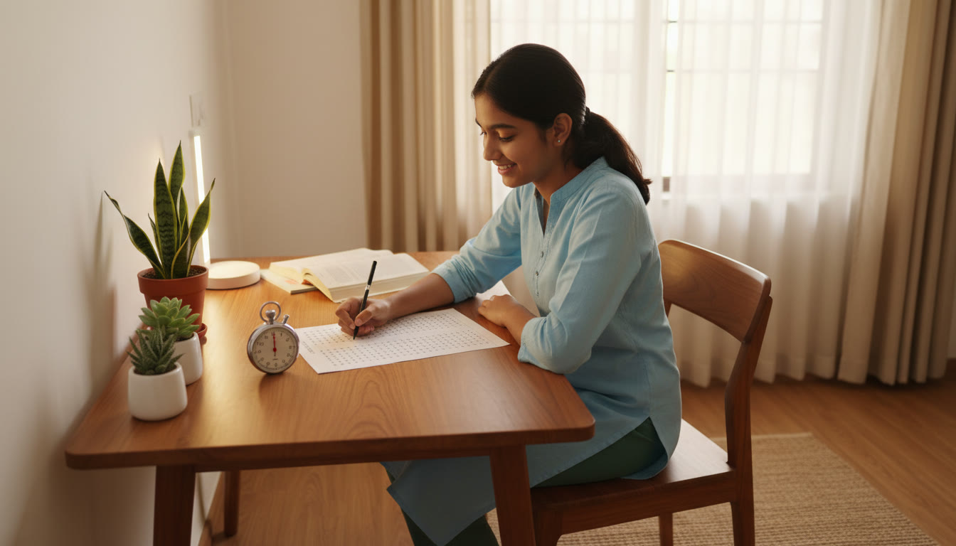 Photo Idea : A student taking a timed mock test at a desk with a stopwatch and answer sheet