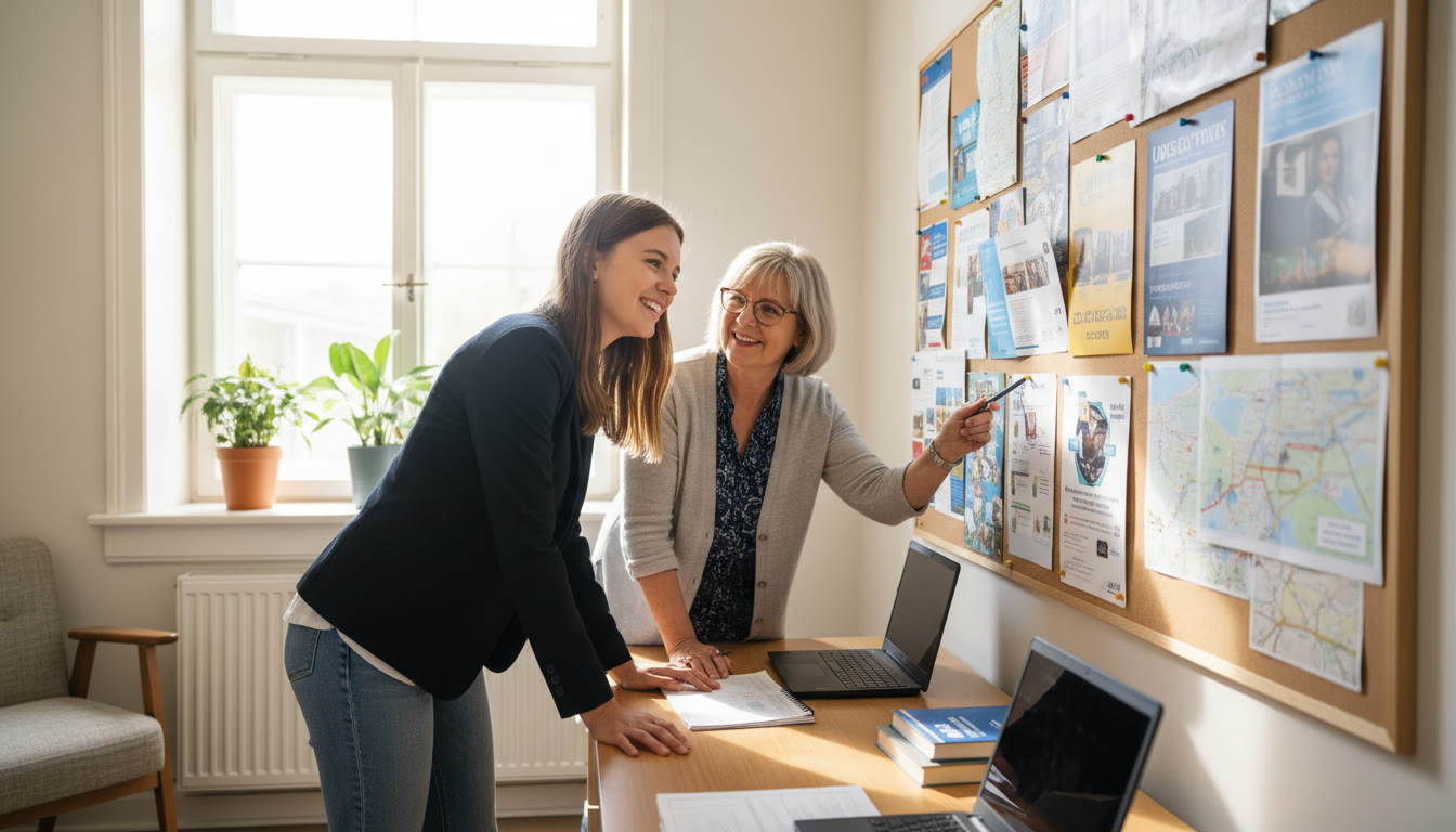 Photo Idea : A student consulting with a school counsellor beside a corkboard of university brochures and degree maps