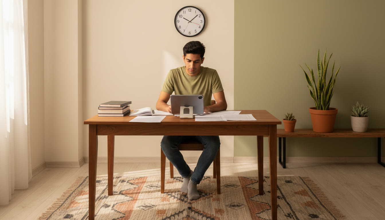 Photo Idea : A focused student taking a full-length mock test at a tidy desk with a visible wall clock and open notebook