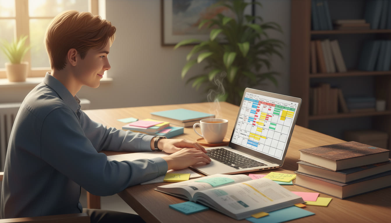 Photo Idea : A focused student at a desk with color-coded notes, textbooks, a laptop showing a study timetable, and a cup of tea