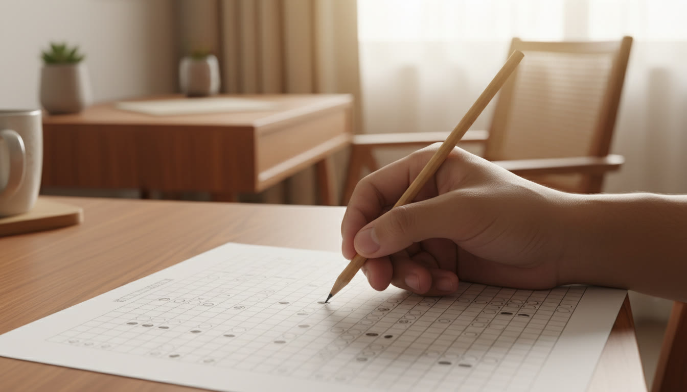 Photo Idea : Close-up of a student shading answers on an OMR-style sheet with a calm, focused hand