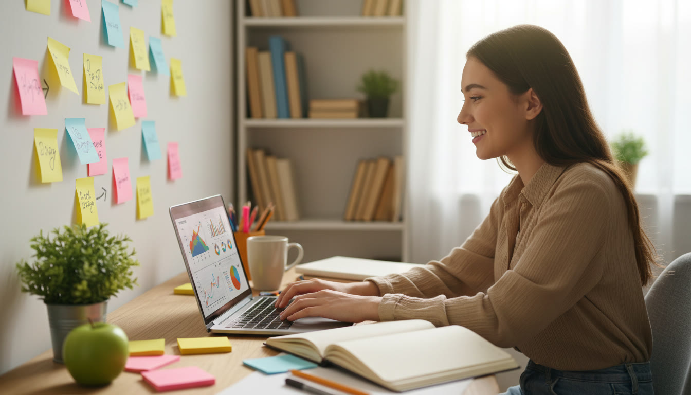 Photo Idea : An IB student working on an Extended Essay at a desk with sticky notes and a laptop