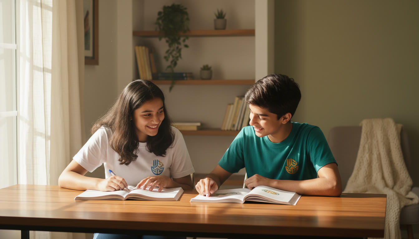 Photo Idea : Two students studying together with notebooks, one labeled