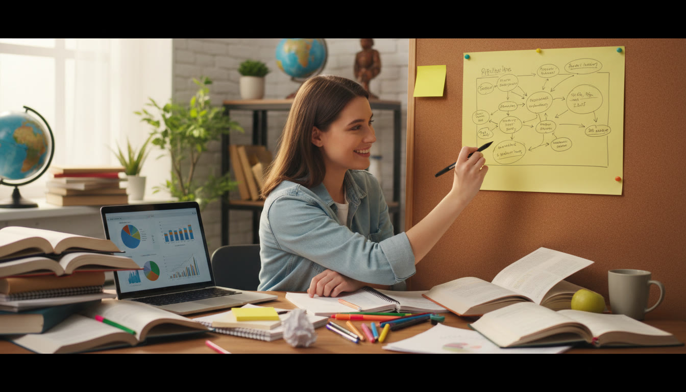 Photo Idea : A student at a cluttered desk with notebooks, highlighters, and a laptop, sketching a research question on a large sticky note