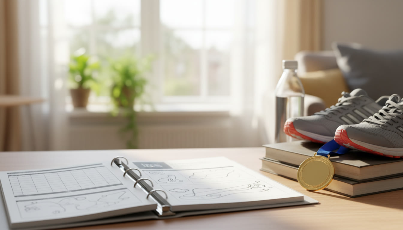 Photo Idea : CAS portfolio spread with training schedule, reflective journal, and a medal on a table