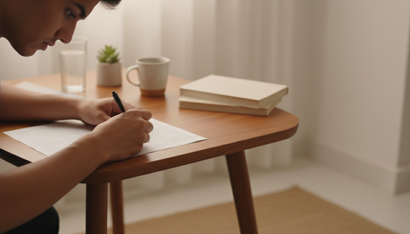 Photo Idea : Close-up of hands filling an OMR sheet carefully with focus under exam-like lighting