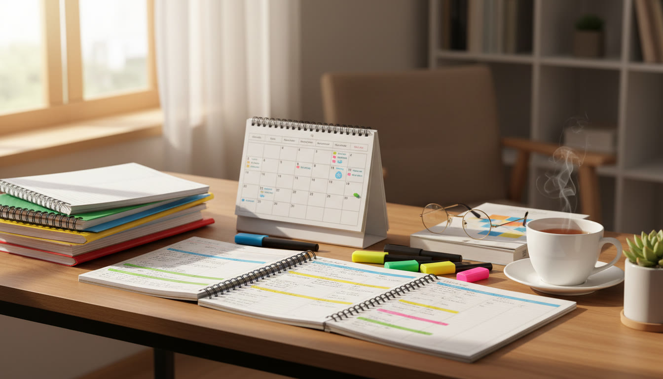Photo Idea : a tidy study desk with colour-coded notes, a calendar, highlighters, and a cup of tea