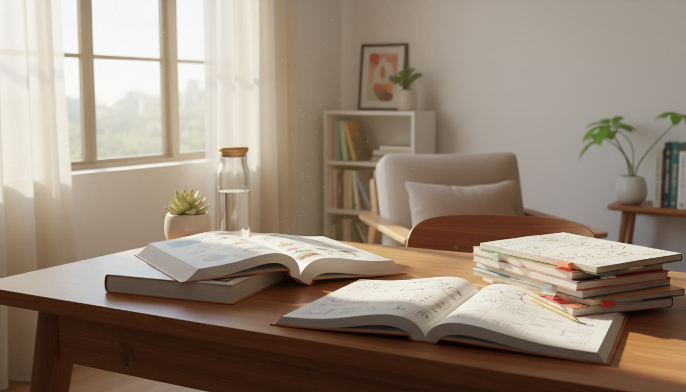 Photo Idea : Student at a tidy study desk with NEET textbooks, neat notes, a water bottle, and morning sunlight