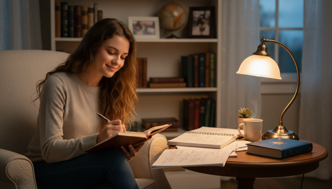 Photo Idea : a quiet study corner with a student journaling, soft lamp light, and open IB notes