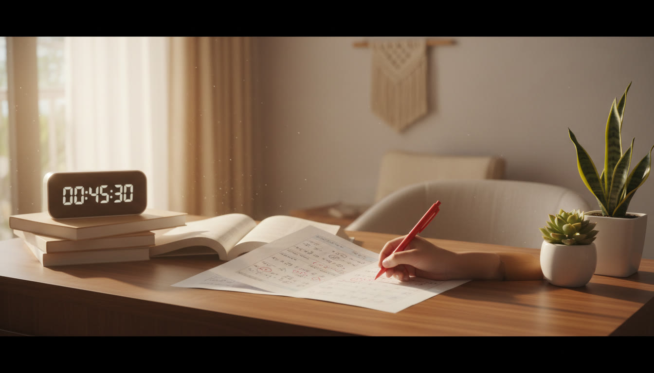 Photo Idea : A neat study desk with a timed clock, practice paper, and a red pen marking answers