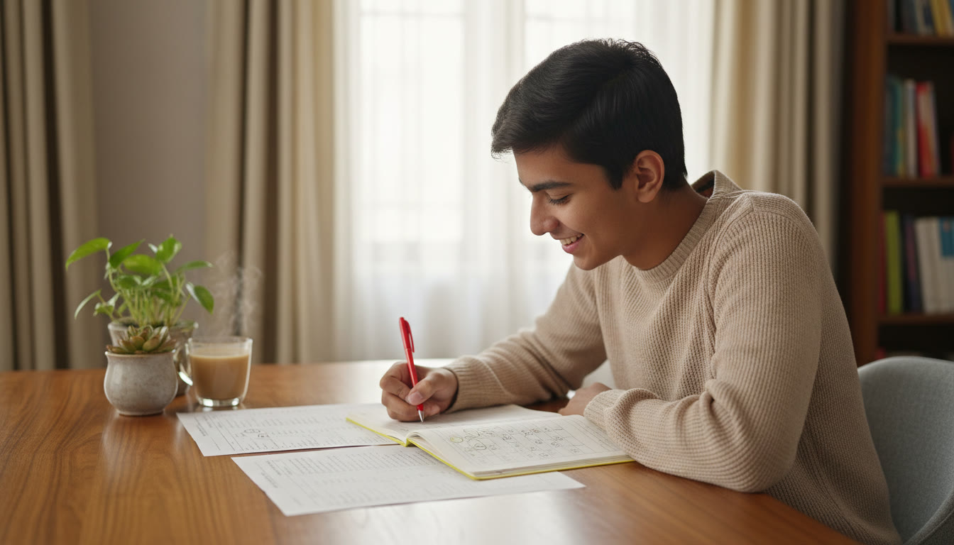 Photo Idea : A student marking errors in a notebook while analyzing a mock test sheet, with a highlighted 