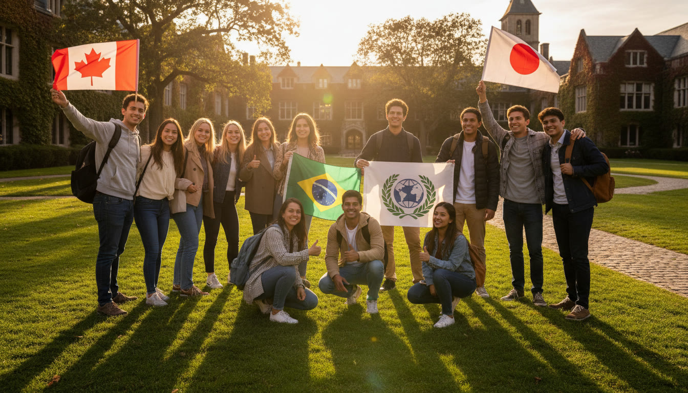 Photo Idea : A diverse group of IB students smiling on a university quad with backpacks and flags