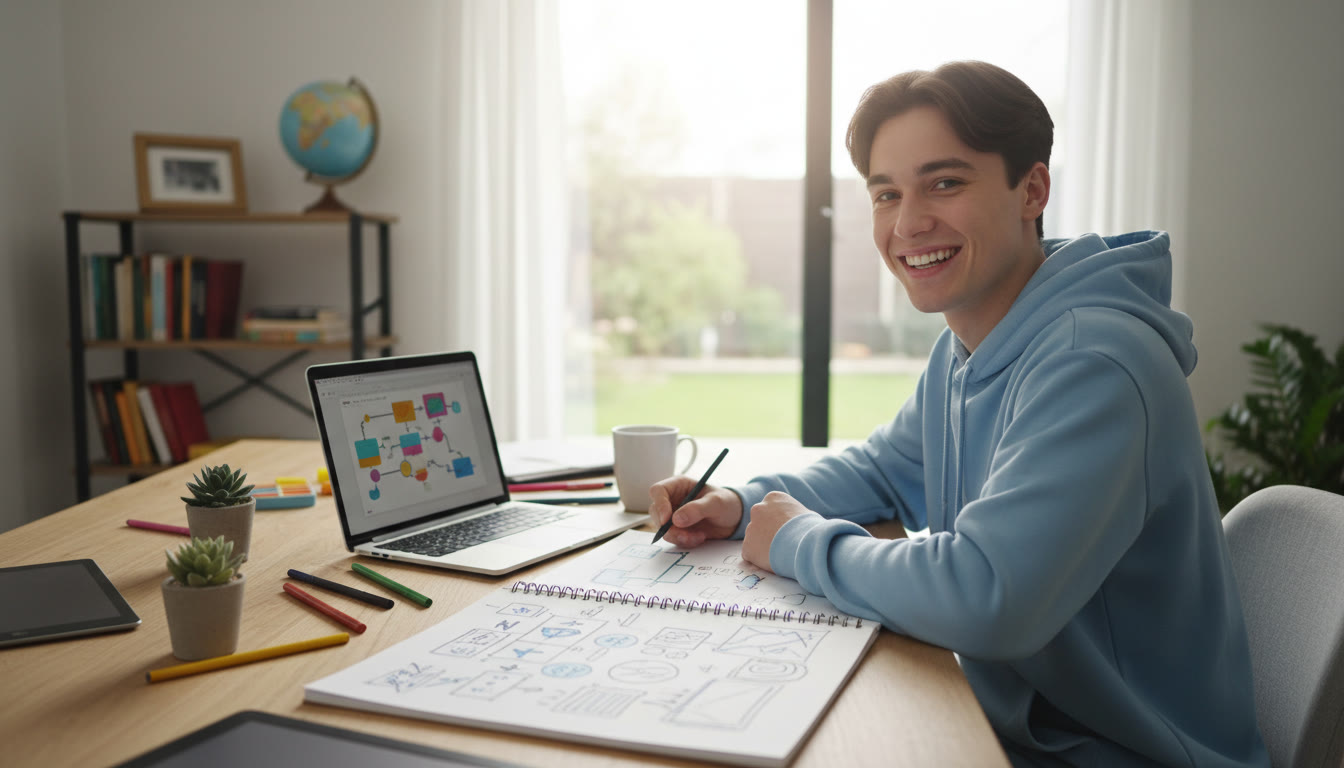 Photo Idea : student at a desk outlining a multimedia project on a laptop and sketchbook