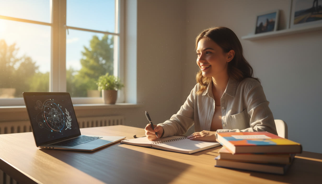 Photo Idea : student at a desk with an open planner, IB textbooks, and a laptop, sunlight pouring through a window