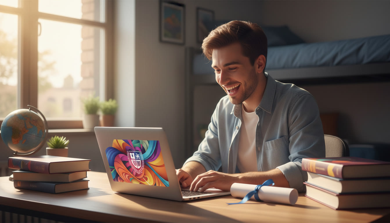 Photo Idea : A student smiling at a university offer email on a laptop, IB diploma and textbooks nearby