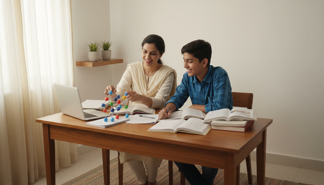 Photo Idea : A tutor guiding a student through a model-based science project at a desk with notes and a laptop