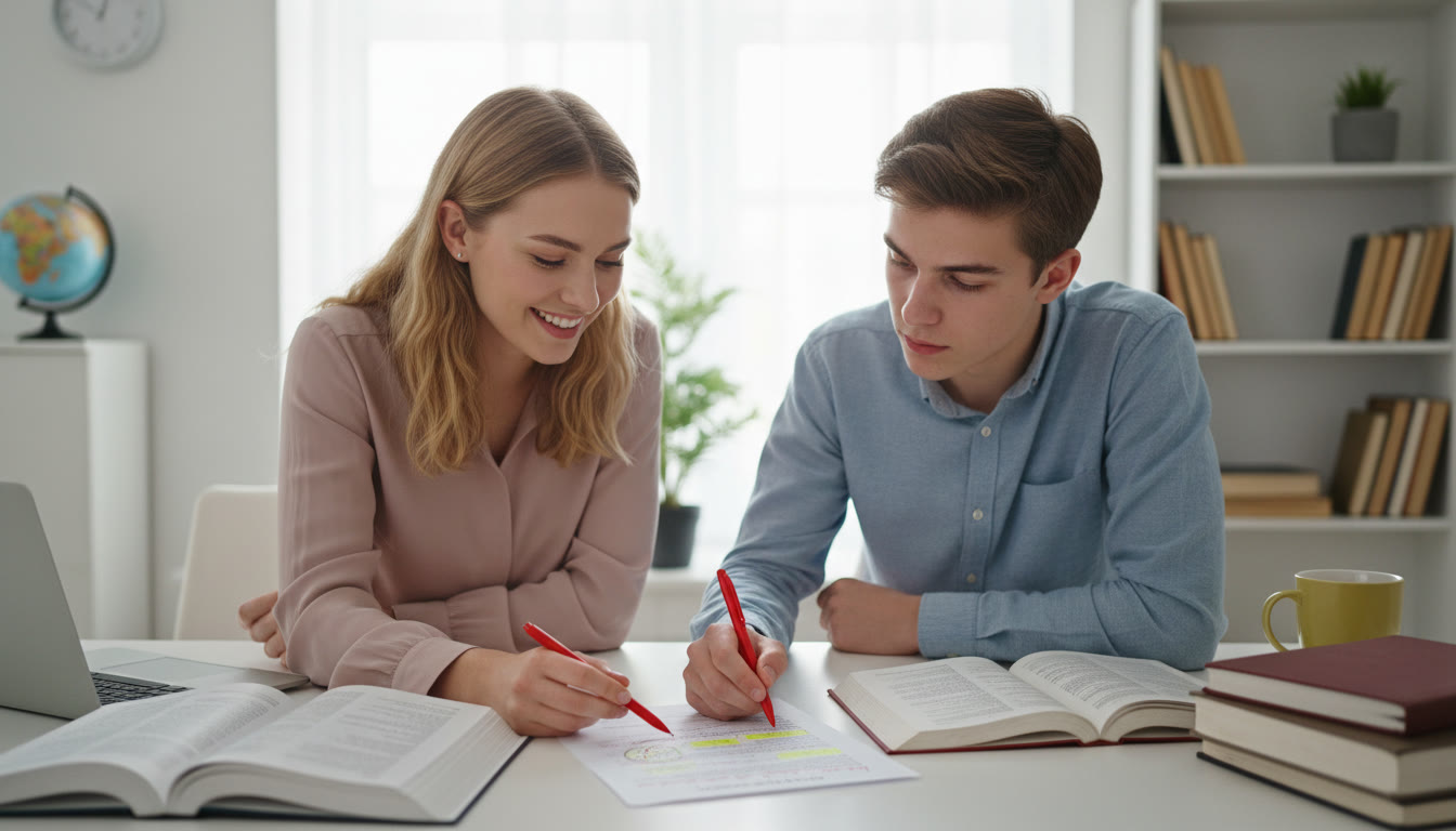Photo Idea : A tutor and student reviewing a marked essay with corrections highlighted