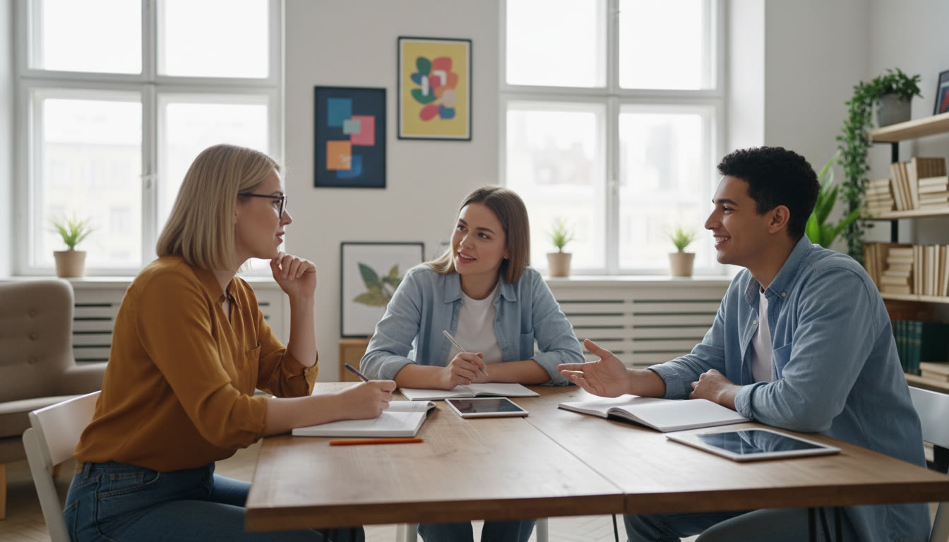 Photo Idea : Two students practising an oral interview in a bright study room with a tutor