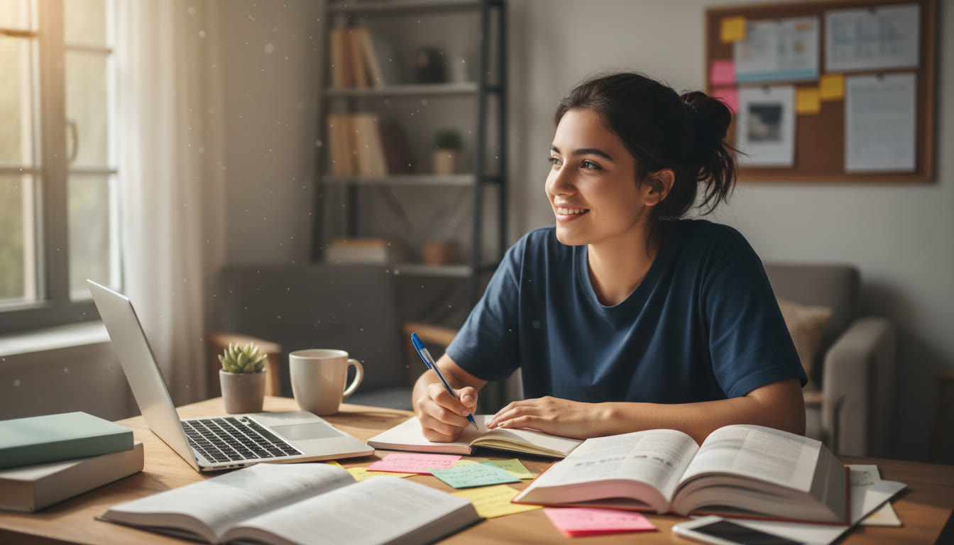 Photo Idea : A focused student at a desk with scattered notes and a laptop, pausing to reflect with a pen in hand