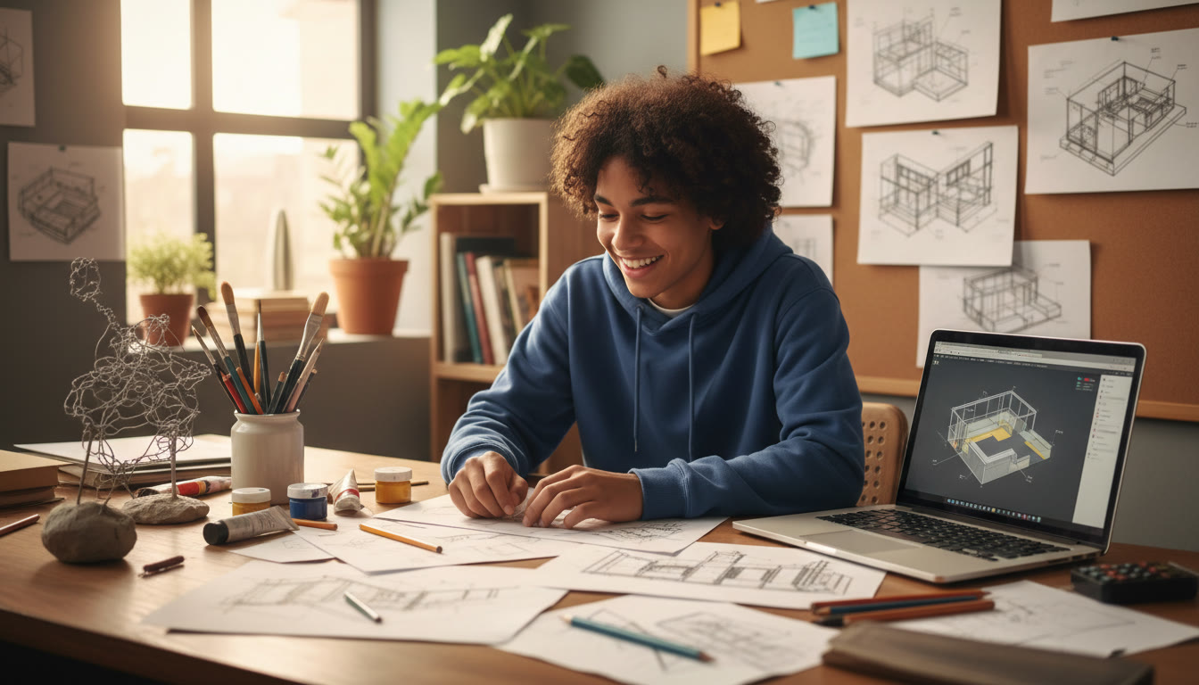 Photo Idea : A student working on a portfolio project at a desk with sketches and a laptop