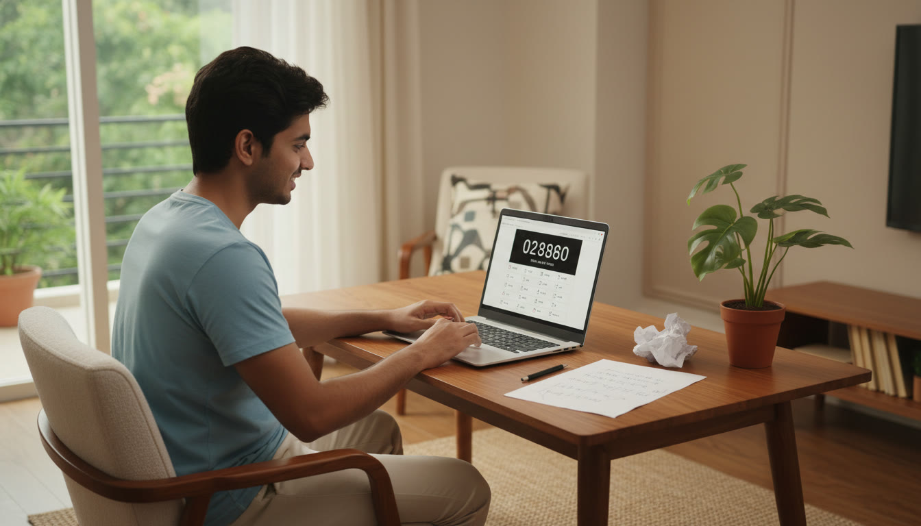 Photo Idea : A focused student taking a full-length mock test on a laptop with a visible timer and rough sheet beside them