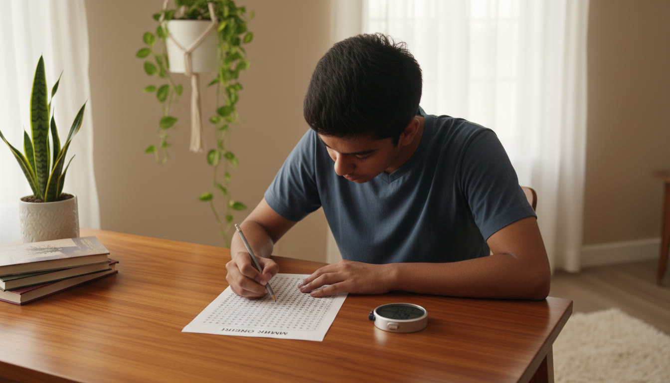 Photo Idea : A focused student shading an OMR sheet with a stopwatch nearby