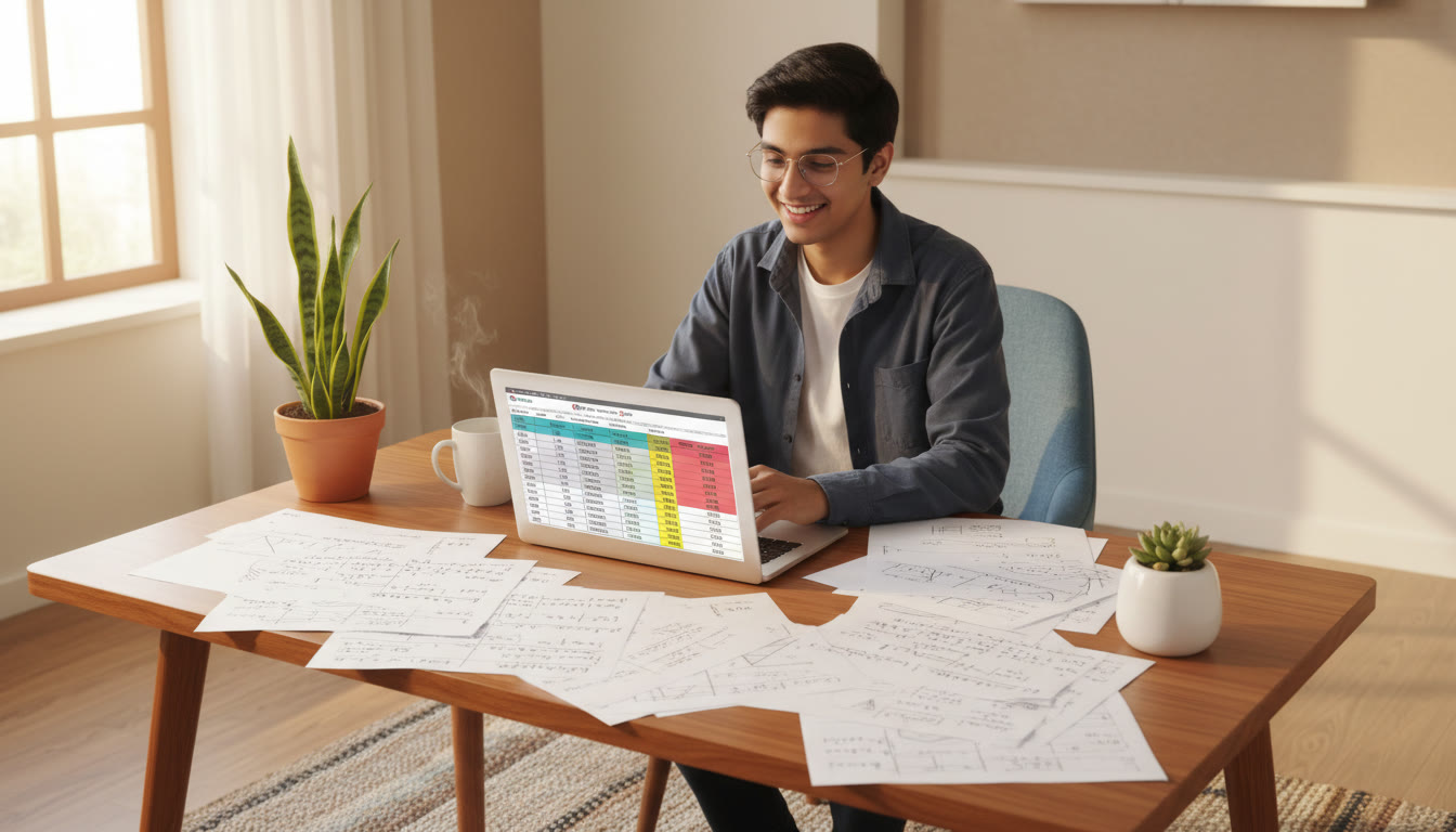 Photo Idea : a focused student at a desk surrounded by solved paper printouts and a laptop displaying a spreadsheet