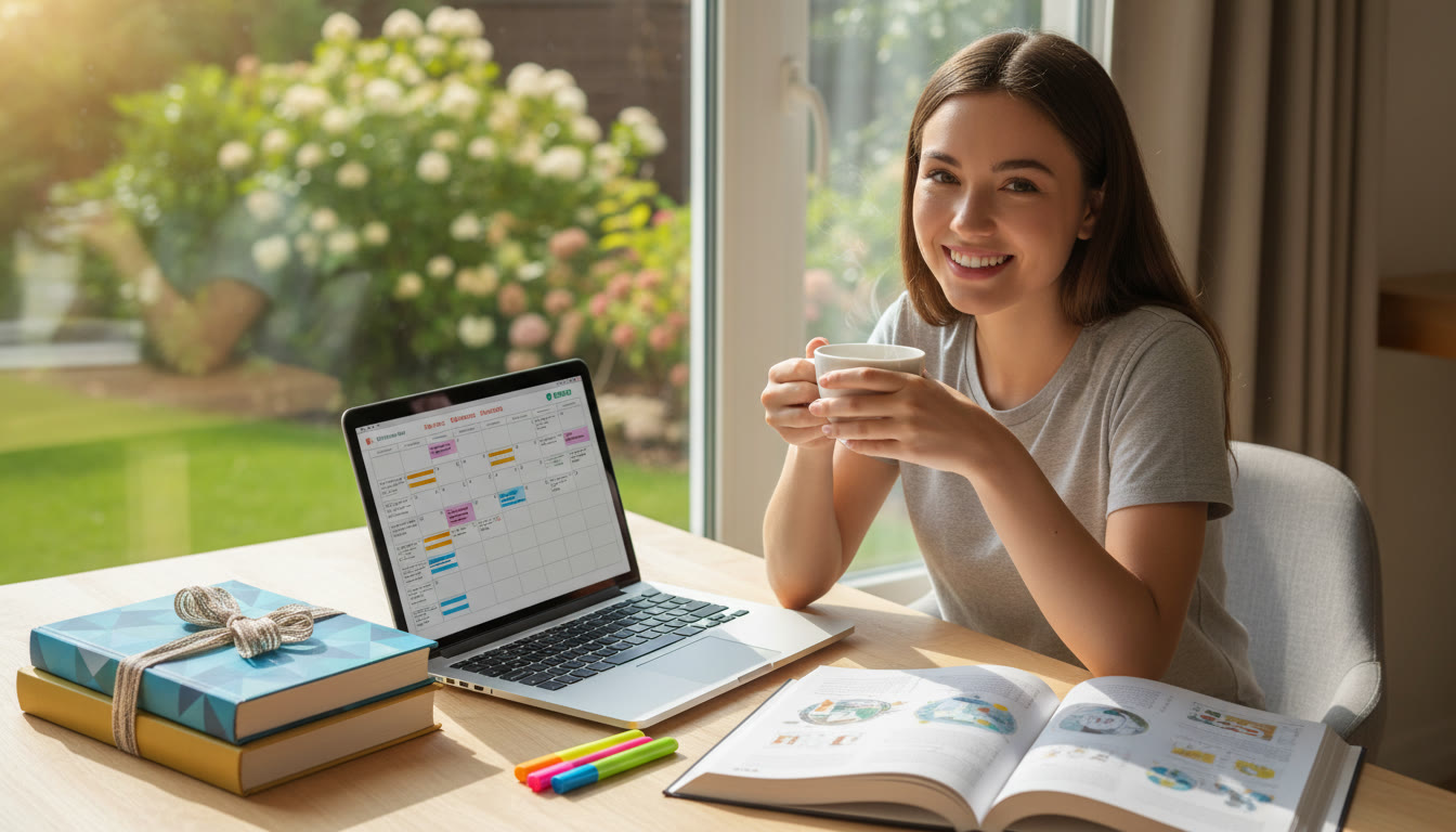 Photo Idea : student at a desk with textbooks neatly arranged, a laptop showing a calendar, and a cup of tea