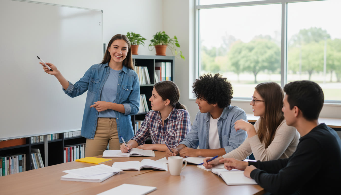 Photo Idea : Student leading a small workshop, pointing to a whiteboard while peers take notes and discuss.