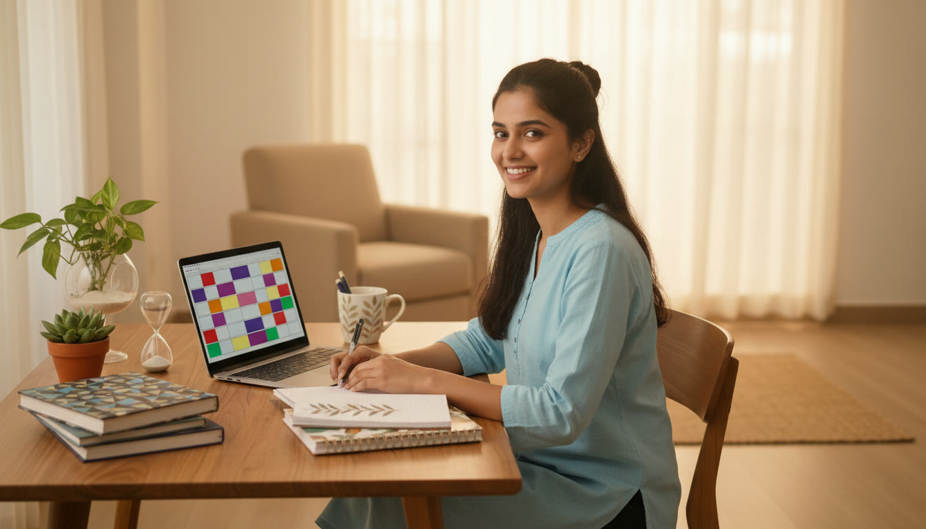 Photo Idea : A student at a clean desk with textbooks, a planner, a timer, and a laptop showing a timetable